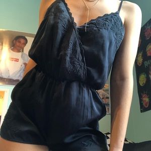 Black satin embroidered romper
